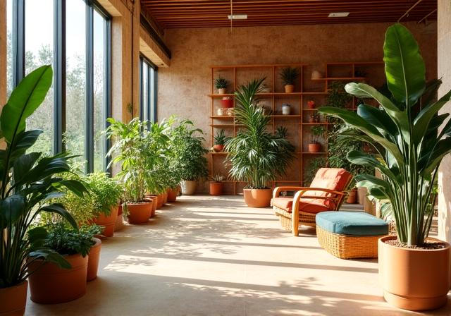 Ein heller, einladender Ausstellungsraum mit botanischen Akzenten und nachhaltigen Designelementen