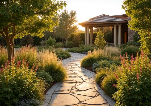 Ein moderner naturnaher Garten mit Wildblumen und ökologischen Elementen