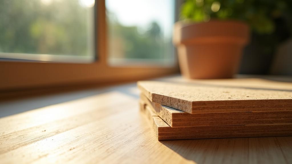 Nahaufnahme von ökologischen Baustoffen wie Holz und Kork in einem hellen Raum